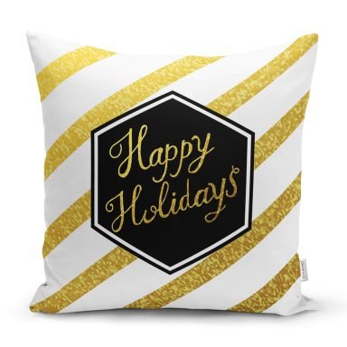 Beyaz Zemin Üzerinde Gold Detaylı Happy Holidays Yazılı Yastık Kırlent Kılıfı