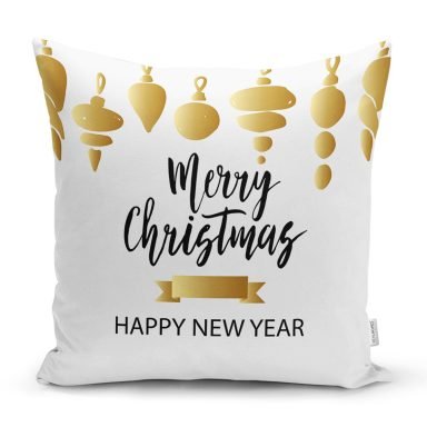 Beyaz Zemin Üzerinde Gold Detaylı Merry Christmas Yazılı Yastık Kırlent Kılıfı