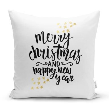 Beyaz Zemin Üzerinde Gold Detaylı Merry Christmas Yazılı Yastık Kırlent Kılıfı