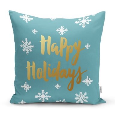 Renkli Zeminli Beyaz Kartanesi Desenli Gold Renkli Happy Holidays Yastık Kılıfı