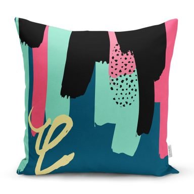 Renkli Zemin Üzerinde Soyut Çizimli Modern Geometrik Desen Yastık Kırlent Kılıfı