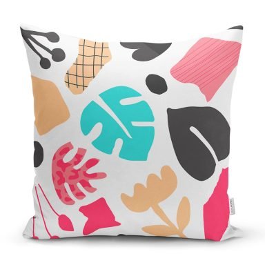 Beyaz Zeminli Renkli Yaprak Desenli Dijital Baskılı Modern Yastık Kırlent Kılıfı