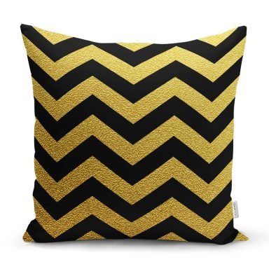 Gold Zemin Üzerinde Siyah Geometrik Zigzag Desenli Modern Yastık Kırlent Kılıfı