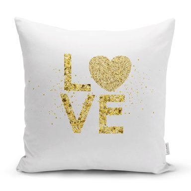 Beyaz Zeminli Gold Renkli Love Yazılı Dijital Baskılı Modern Yastık Kırlent Kılıfı