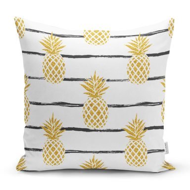 Beyaz Zemin Üzerinde Gold Renkli Ananas Desenli Modern Yastık Kırlent Kılıfı
