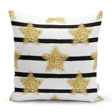 Beyaz Zemin Üzerinde Gold Detaylı Yıldız Desenli Modern Yastık Kırlent Kılıfı