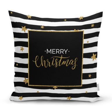 Beyaz Zemin Üzerinde Gold Yazılı Merry Christmas Modern Yastık Kırlent Kılıfı