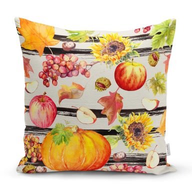 Renkli Zemin Üzerinde Siyah Çizgili Bal Kabağı Desenli Yastık Kırlent Kılıfı