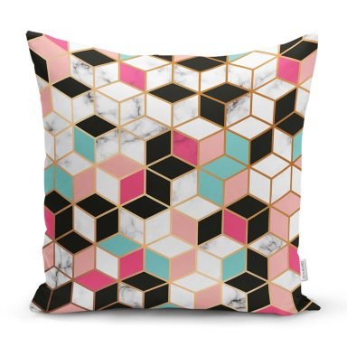 Renkli Geometrik Desenli Mermer Motifli Dijital Baskılı Modern Kırlent Kılıfı