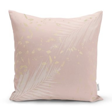 Pastel Zeminli Gold Detaylı Yaprak Desenli Dijital Baskılı Modern Kırlent Kılıfı