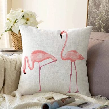 Pembe Flamingo Desenli Dijital Baskılı Raşel Yastık Kırlent Kılıfı