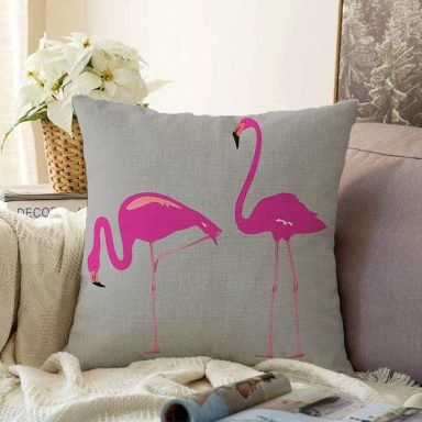 Gri Zemin Flamingo Desenli Dijital Baskılı Raşel Yastık Kırlent Kılıfı