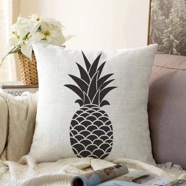 Siyah Beyaz Ananas Dijital Baskılı Dekoratif Raşel Yastık Kırlent Kılıfı