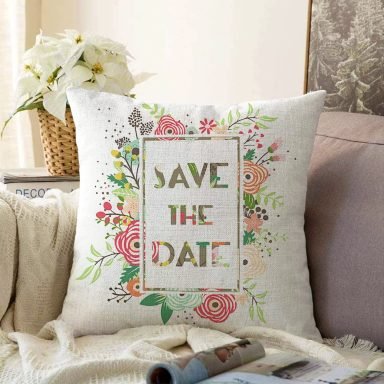 Save The Date Çiçek Desenli Dijital Baskılı Dekoratif Raşel Yastık Kılıfı
