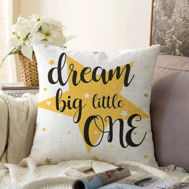 Dream Big Little One Yazılı Yıdız Desenli Dijital Baskılı Raşel Kırlent Kılıfı