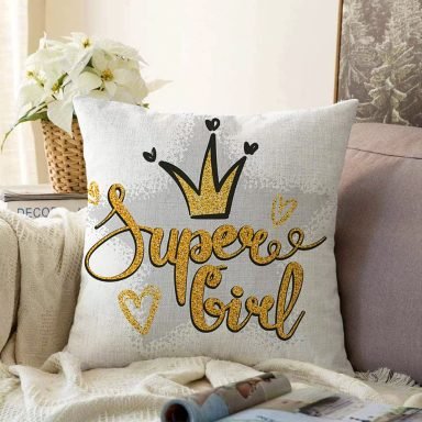 Süper Girl Yazı Desenli Dijital Baskılı Modern Raşel Kırlent Kılıfı