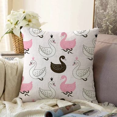 Pembe Zeminli Kuğu Resimli Dijital Baskılı Raşel Kırlent Kılıfı