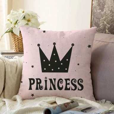 Pembe Zeminli Princess Yazılı Dijital Baskılı Raşel Kırlent Kılıfı