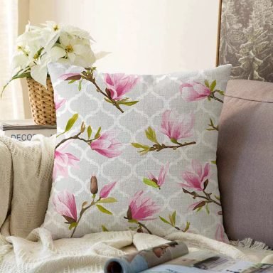 Geometrik Zeminli Çiçek Temalı Modern Raşel Yastık Kılıfı