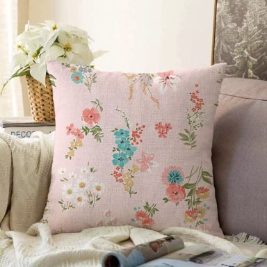 Pembe Zeminli Çiçek Desenli Modern Raşel Yastık Kırlent Kılıfı