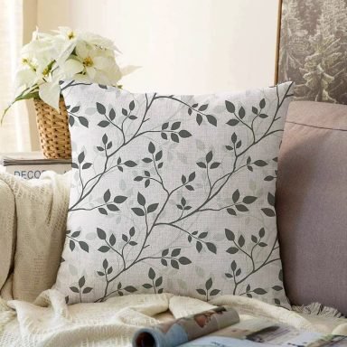 Gri Zeminli Yaprak Desenli Dijital Baskılı Dekoratif Raşel Yastık Kılıfı