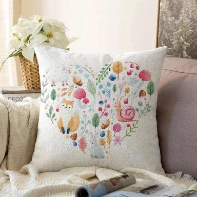 Kalp Motifli Doğa Temalı Dijital Baskılı Modern Raşel Kırlent Kılıfı