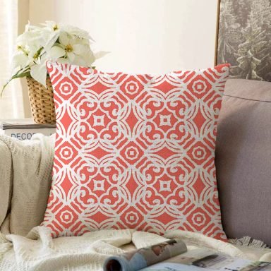 Turuncu Damask Motifli Dijital Baskılı Modern Raşel Yastık Kılıfı