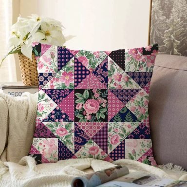Mürdüm Renk Patchwork Desenli Dekoratif Raşel Yastık Kırlent Kılıfı