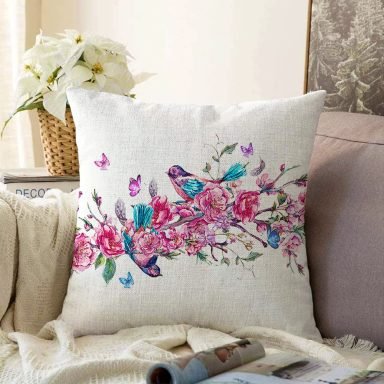 Şarmaşık Gül Desenli Kuş Motifli Dijital Baskılı Raşel Yastık Kırlent Kılıfı