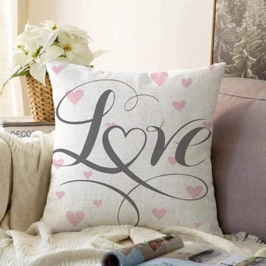 Love Yazılı Kalp Puanlı Motifli Dekoratif Raşel Yastık Kırlent Kılıfı
