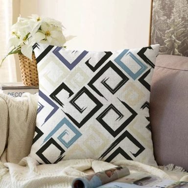 Gri Siyah Labirent Çizimli Modern Dijital Baskılı Raşel Yastık Kılıfı
