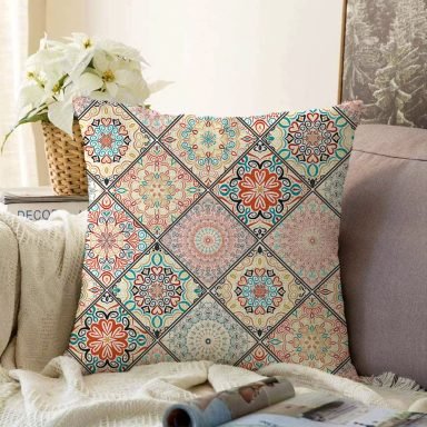 Geometrik Şekilli Hint Desenli Dijital Baskılı Raşel Yastık Kırlent Kılıfı