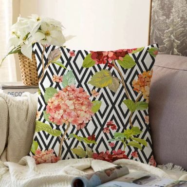Zigzag Elmas Desenli Zambak Motifli Dekoratif Raşel Yastık Kırlent Kılıfı