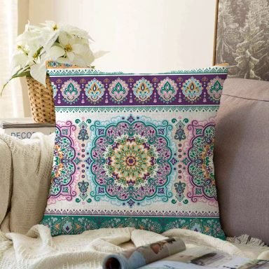 Yatay Desenli Çini Motifli Modern Dijital Baskılı Raşel Yastık Kılıfı