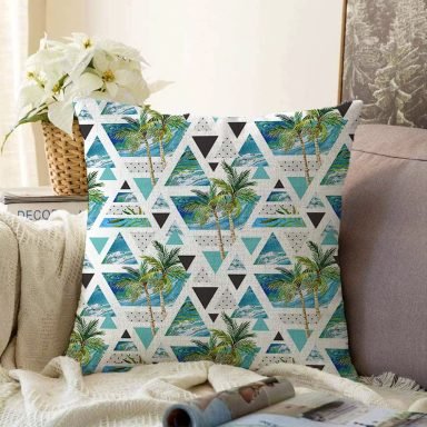 Mavi Geometrik Palmiye Desenleri Dekoratif Raşel Yastık Kılıfı