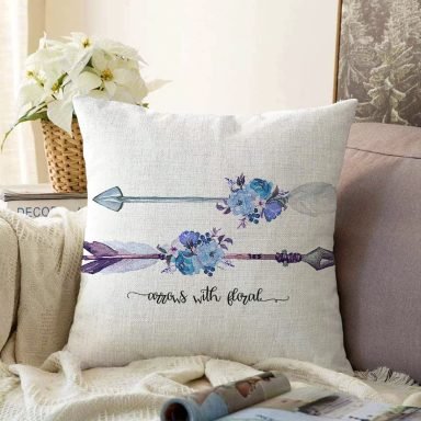 Mavi Ok Çizimli Çiçek Desenli Dekoratif Raşel Yastık Kırlent Kılıfı