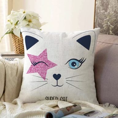 Süper Cat Motifli Modern Dijital Baskılı Raşel Yastık Kılıfı