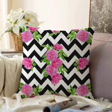 Zigzag Zebra Temalı Gül Motifli Modern Raşel Yastık Kılıfı