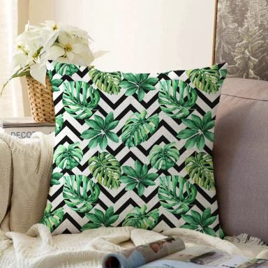 Zigzag Siyah Beyaz Şerit Temalı Yaprak Çizimi Raşel Kırlent Kılıfı