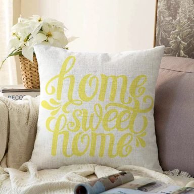 Sarı Home Sweet Home Dekoratif Raşel Yastık Kırlent Kılıfı