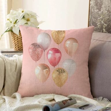 Pembe Zeminli Balonlar Desenli Raşel Yastık Kırlent Kılıfı