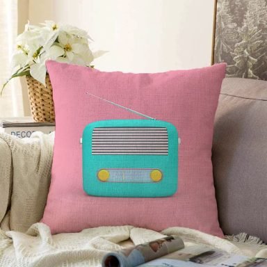 Nostaljik Radyo Temalı Dijital Baskılı Raşel Yastık Kırlent Kılıfı