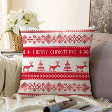 Merry Christmas Kanaviçe Görünümlü Geyikler Dijital Baskılı Raşel Yastık Kırlent Kılıfı