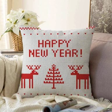 Happy New Year Temalı Dijital Baskılı Dekoratif Raşel Yastık Kırlent Kılıfı