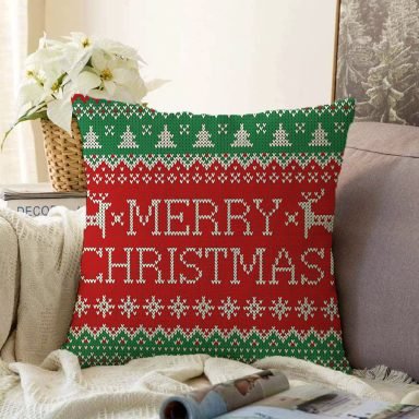 Merry Christmas Motifli Dijital Baskılı Raşel Yastık Kırlent Kılıfı