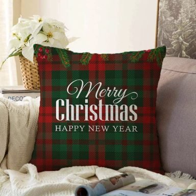Ekose Zeminde Merry Christmas Dijital Baskılı Dekoratif Raşel Yastık Kırlent Kılıfı