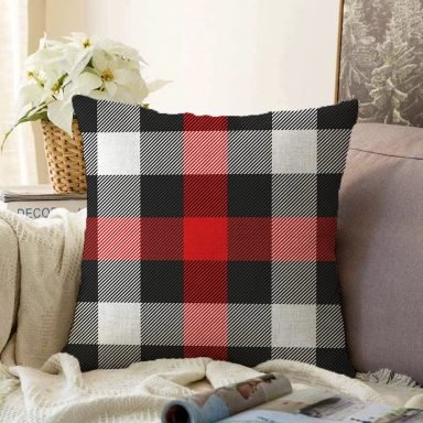 Siyah Kırmızı Beyaz Ekose Desenli Dekoratif Raşel Yastık Kırlent Kılıfı