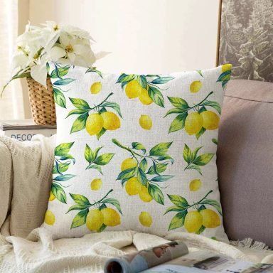 Beyaz Zeminde Limon Desenli 3D Dekoratif Raşel Yastık Kırlent Kılıfı
