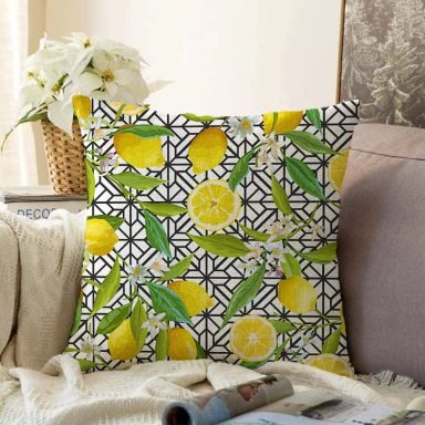 Geometrik ve Limon Desenli 3D Dijital Baskılı Raşel Yastık Kırlent Kılıfı