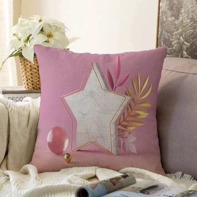 Modern Pembe Zeminli 3D Yıldız Desenli Dekoratif Raşel Yastık Kırlent Kılıfı